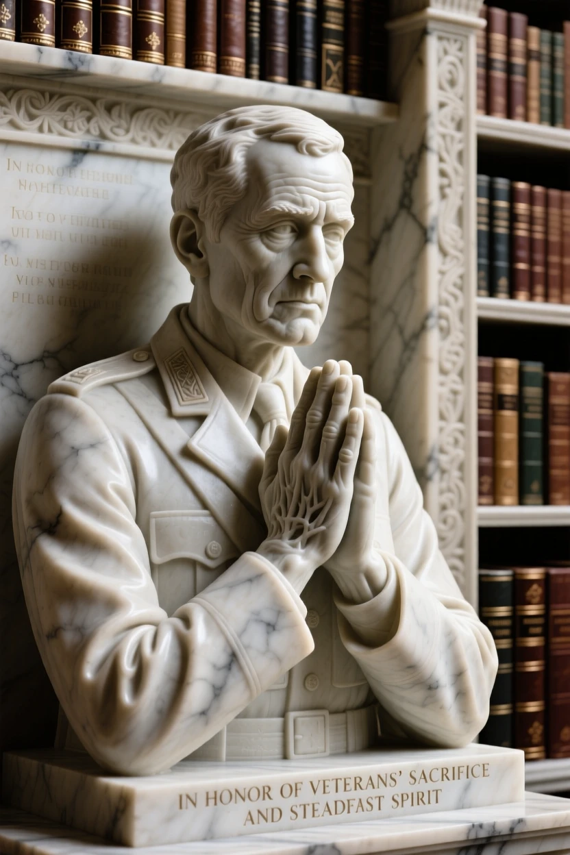 A close-up portrait of a veteran soldier, with hands clasped in prayer, in an old library filled with books, radiating quiet emotion and dignity