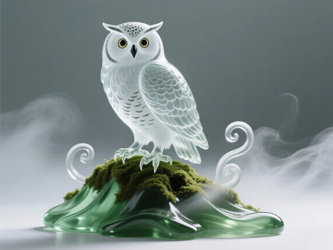 A snowy owl standing alert on a moss-covered ridge at first light, mist curling around its paws, the scene calm and quietly majestic.