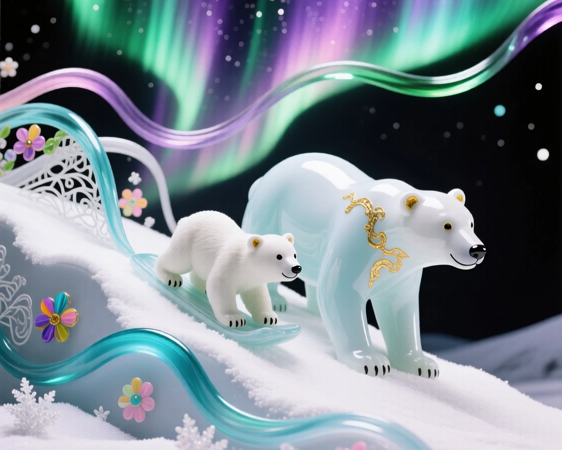 A polar bear cub playfully sliding down a snowy slope toward its watching mother, joyful and tender, aurora lights shimmering above.