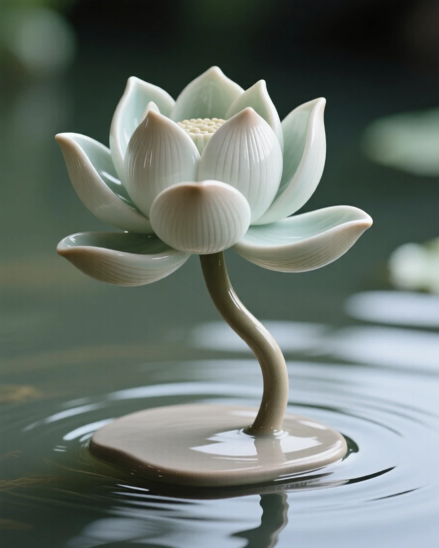 A delicate lotus floating atop still water captured at the peak of full bloom, its stem gently arching under its own weight, conveying the quiet poetry of the natural world.