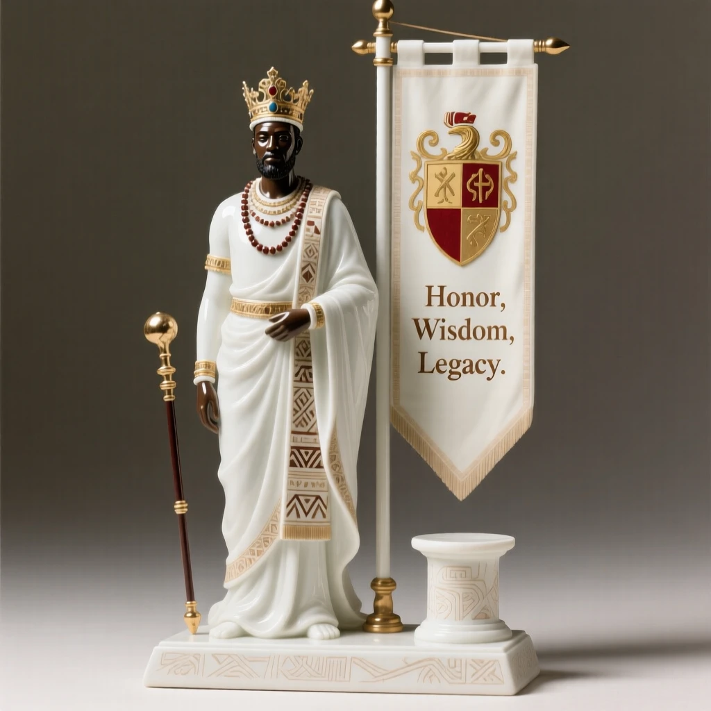 A regal African tribal king posed beside a heraldic banner, surrounded by the trappings of a bygone era.