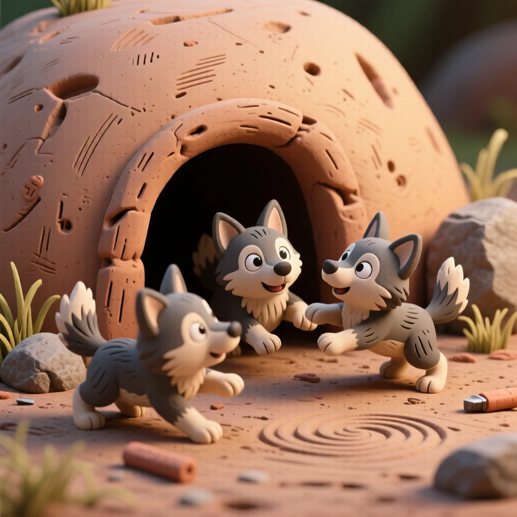 A litter of wolf pups tumbling and play-fighting outside their den