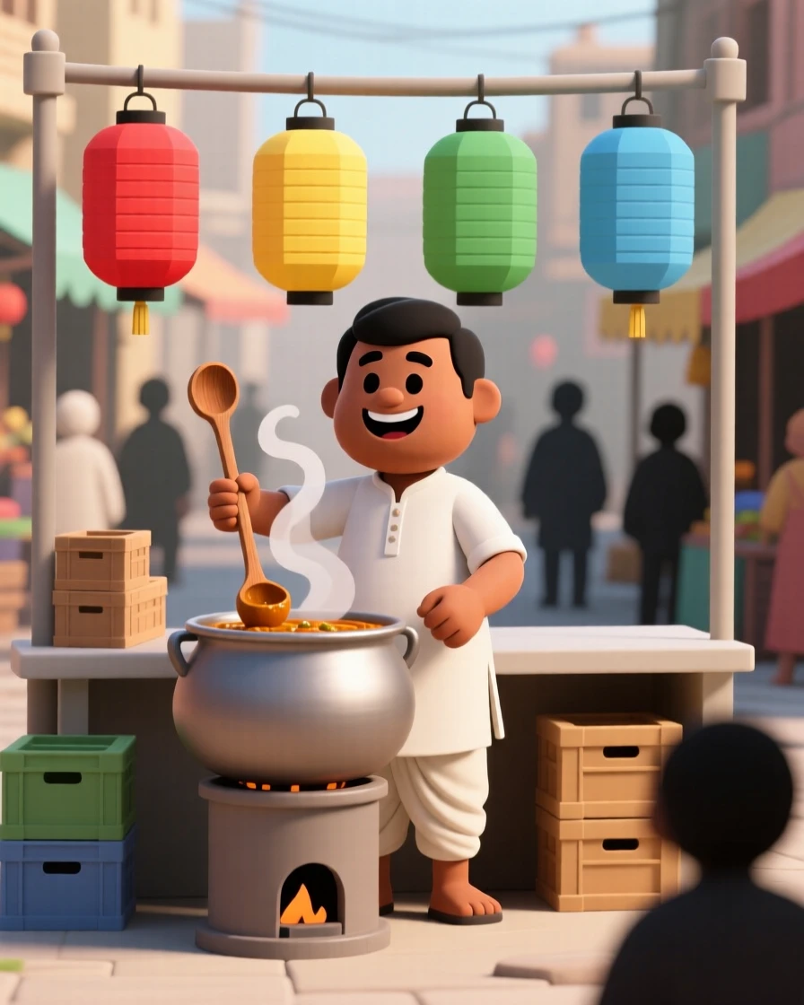 A cheerful Indian street vendor stirs a giant pot of spiced curry, steam rising as colorful lanterns sway above his crowded market stall.