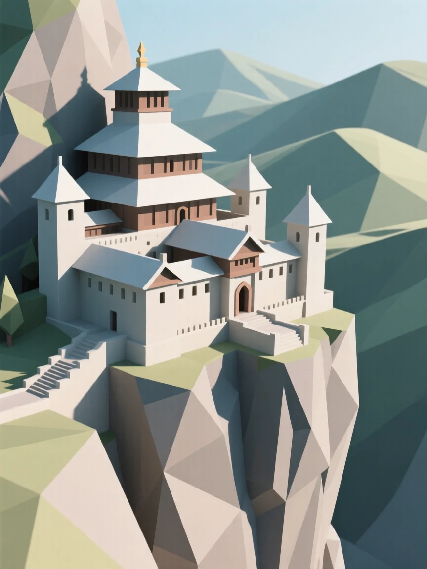 A grand mountain monastery perched on a cliffside, framed by distant rolling hills. the composition highlights layered rooftops and textures. A gentle, welcoming warmth fills the air.