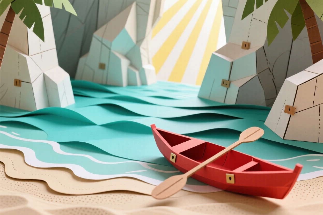 A hidden tropical lagoon with turquoise water surrounded by tall limestone cliffs, sunlight filtering down through a narrow opening above, a single kayak resting on the small sandy shore, evoking secluded paradise.