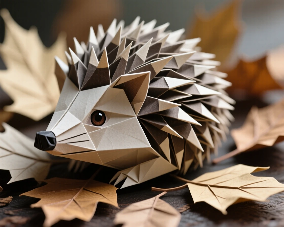 A hedgehog curled into a tight ball among fallen leaves, one eye peeking open, close-up macro composition.
