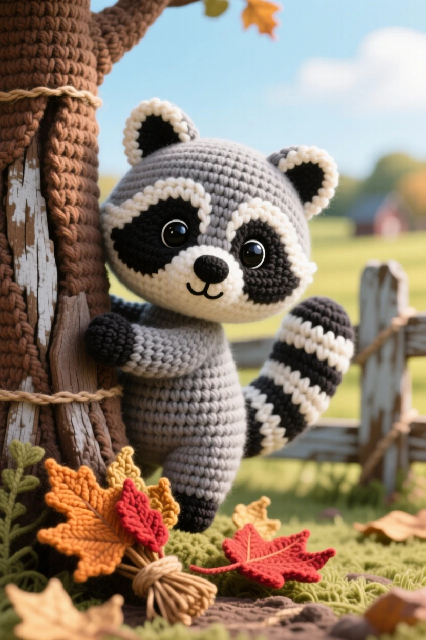 a baby raccoon, with a masked face and ringed tail, peeking out from behind a tree trunk with paws raised, set in a sunny farmyard with a weathered wooden fence, with a bundle of dried autumn leaves, evoking gentle trust and quiet companionship.