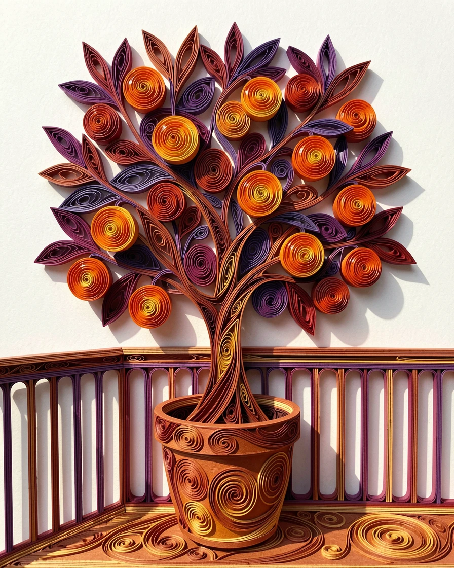 a citrus tree heavy with ripe oranges, in a terracotta pot on a sunny balcony, arranged asymmetrically for a natural, organic feel, in deep jewel tones of violet and crimson.