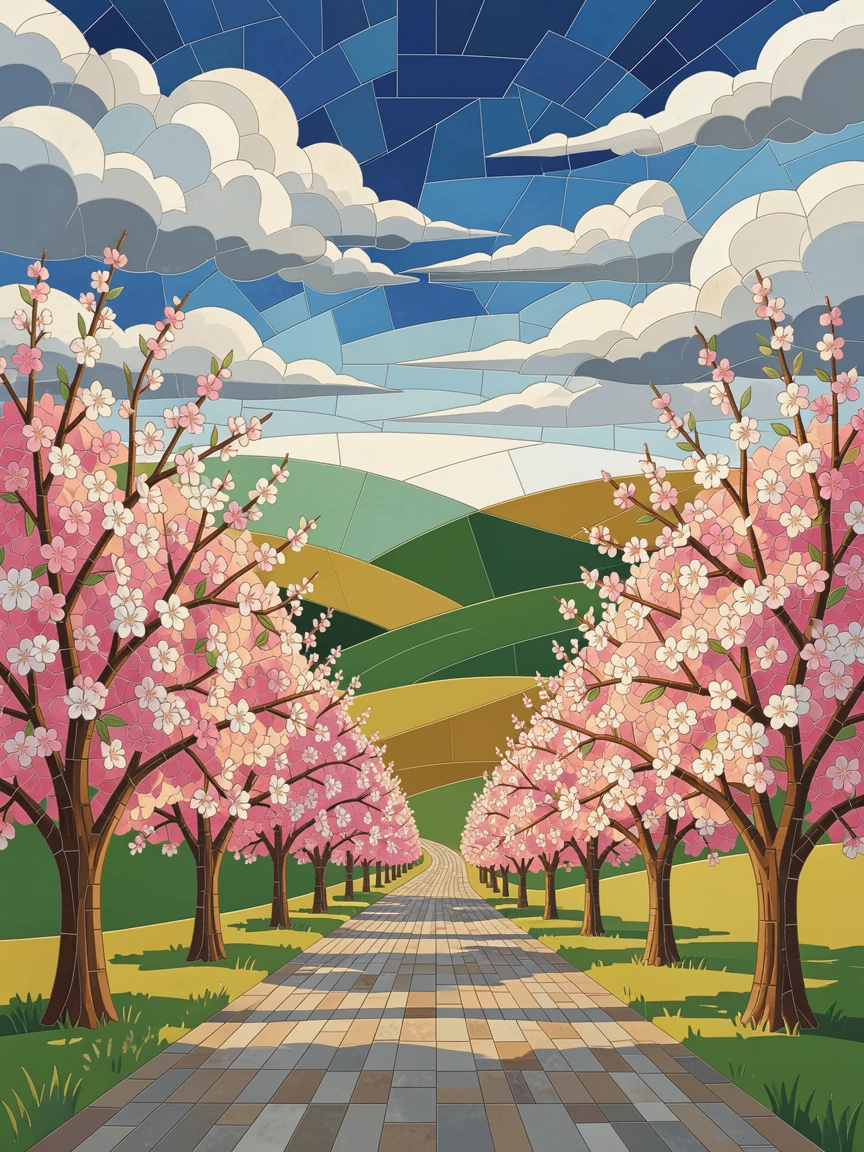 A wide panoramic view of a quiet countryside road lined with blossoming cherry trees, with dramatic clouds and rich natural color.