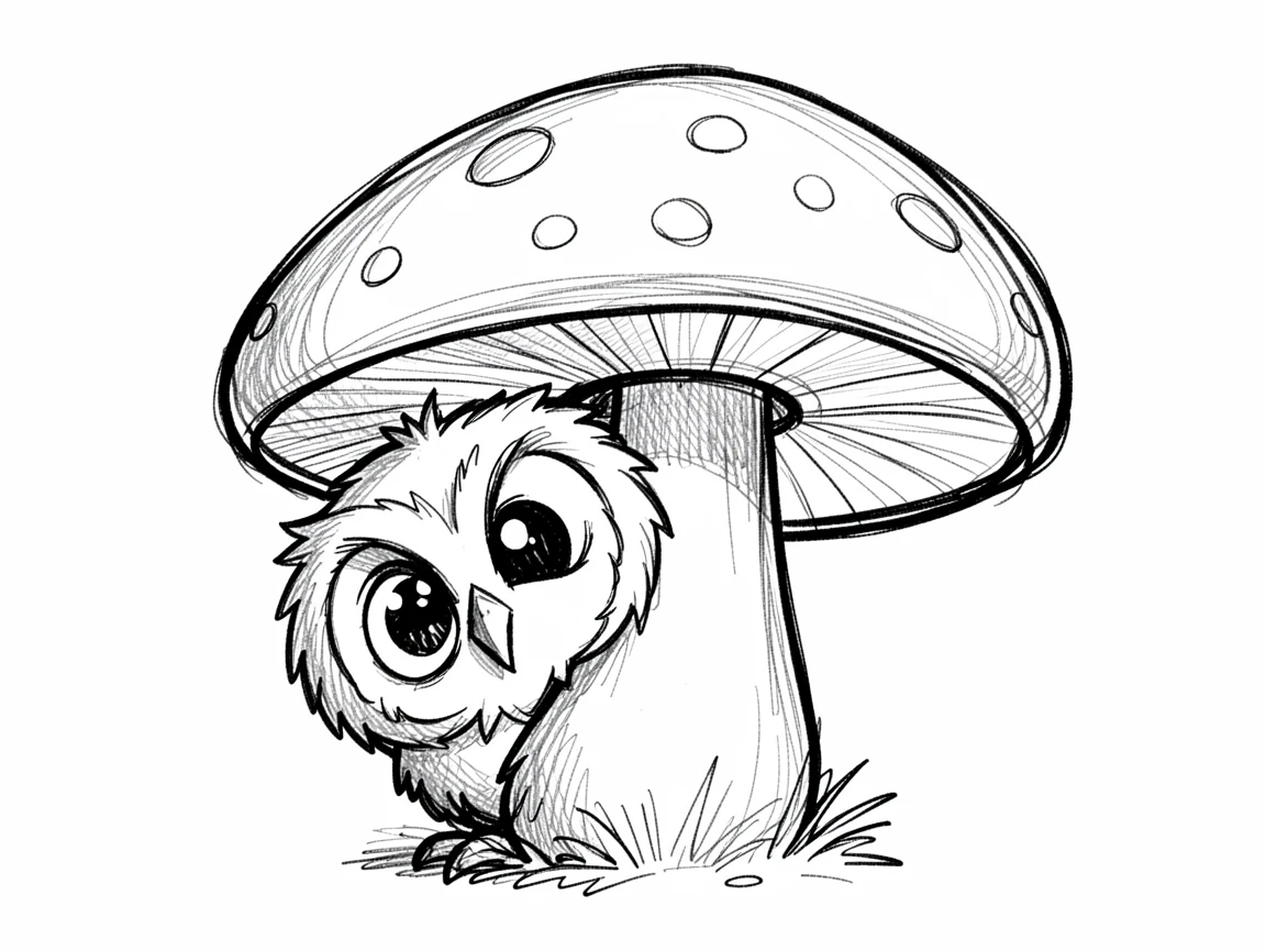 A fluffy baby owl peeking from behind a mushroom.