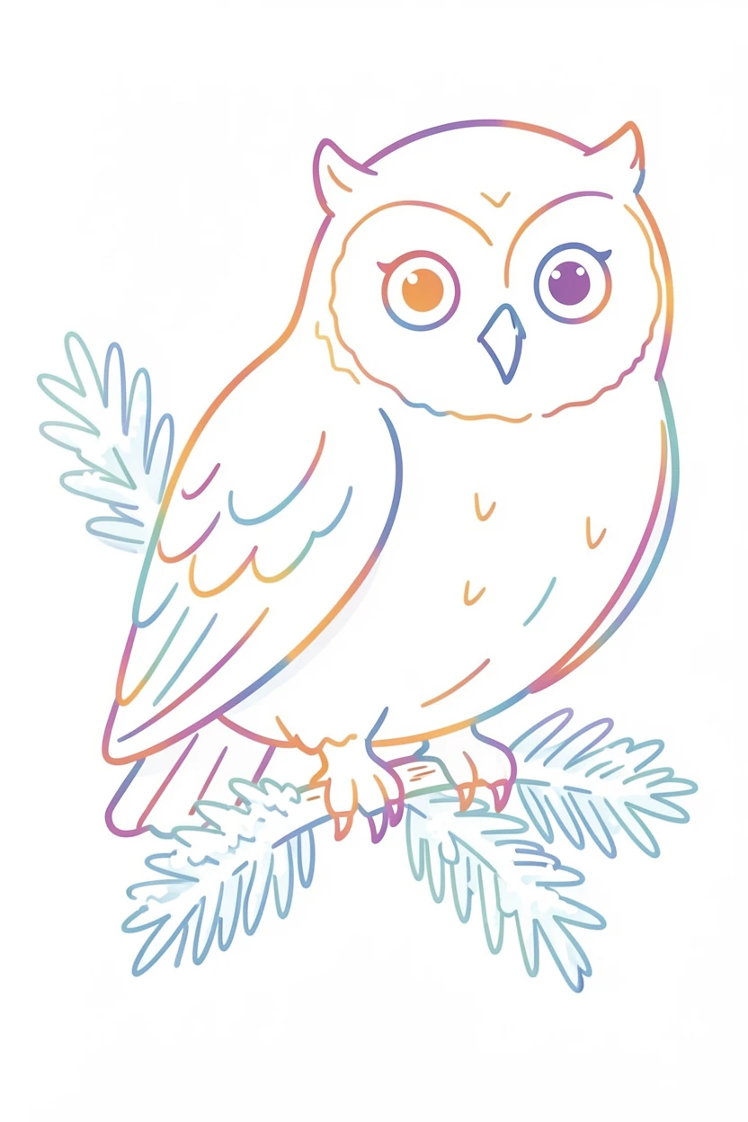 A snowy owl perched on a frosted pine branch, head tilted, wide eyes staring directly at the viewer.