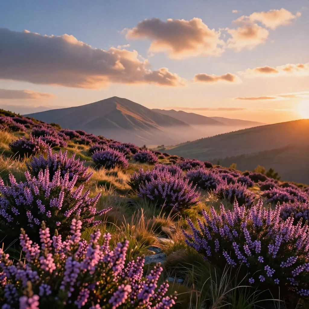 A hillside covered in blooming heather framed by a distant mountain range
