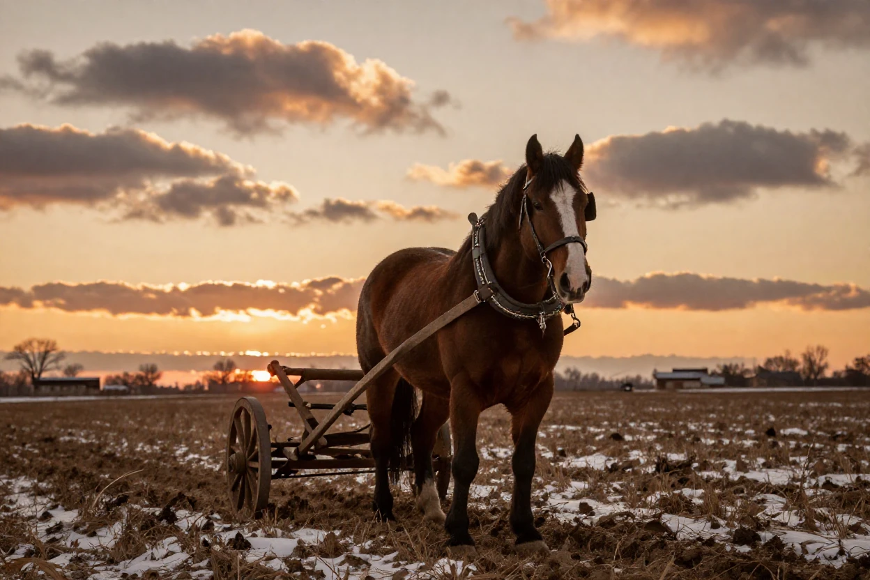 A draft horse pulling an old wooden plow through a field, under a glowing sunset sky, under scattered clouds, in the depths of winter, in earthy terracotta and ochre shades, shot from directly overhead.