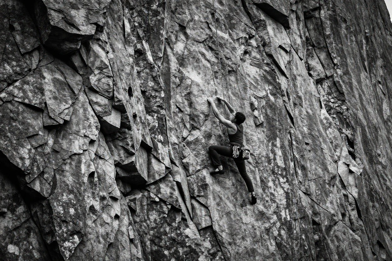 A rock climber clings to a sheer rock face on a towering granite cliff.