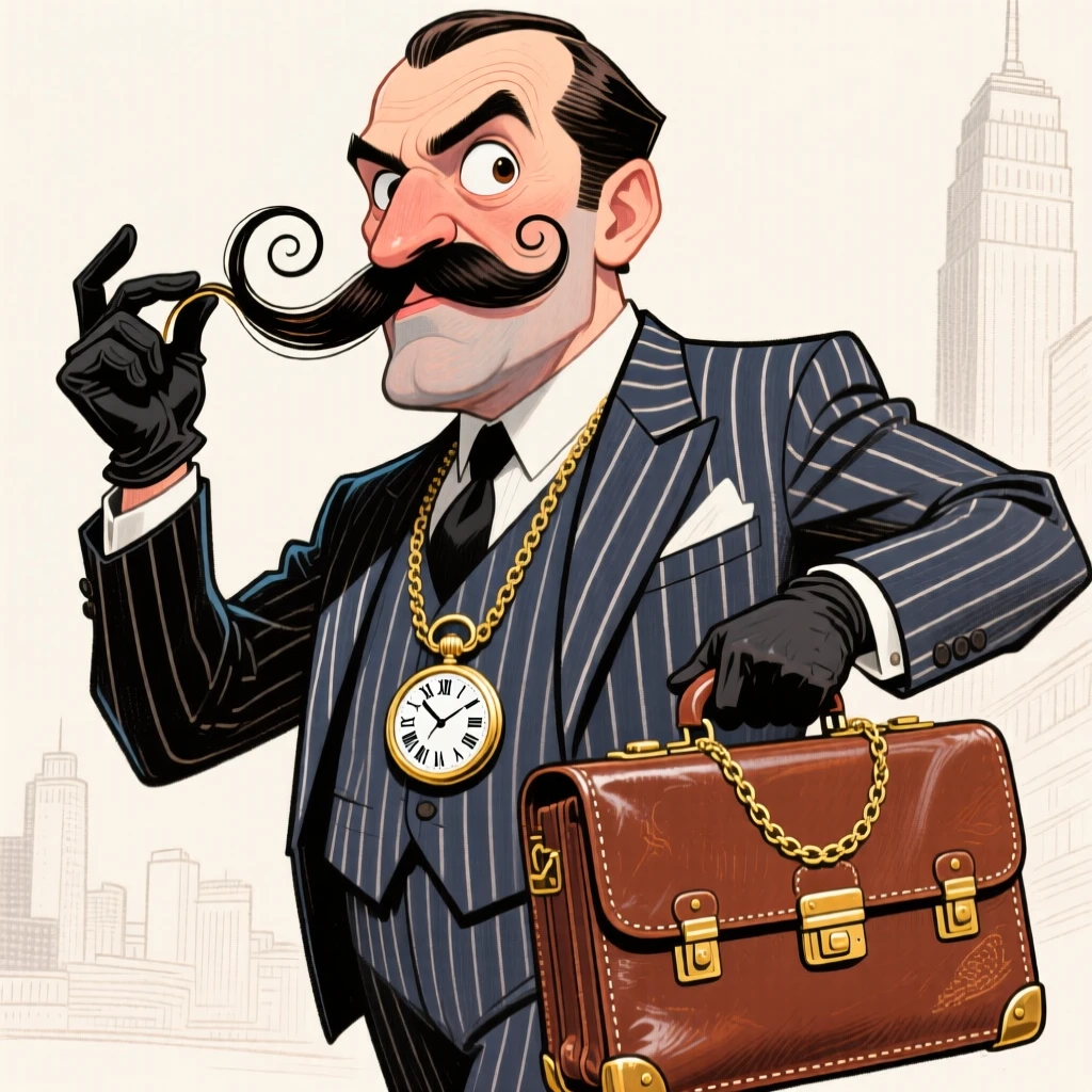 A dapper businessman in a pinstripe suit, twirling his mustache while holding a briefcase and pocket watch.