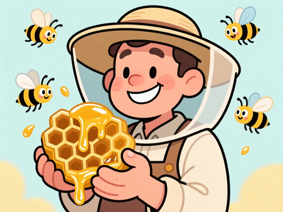 A charming portrait of a gentle beekeeper in a wide-brimmed veiled hat, gently cupping a honeycomb dripping with golden honey, bees buzzing around him.