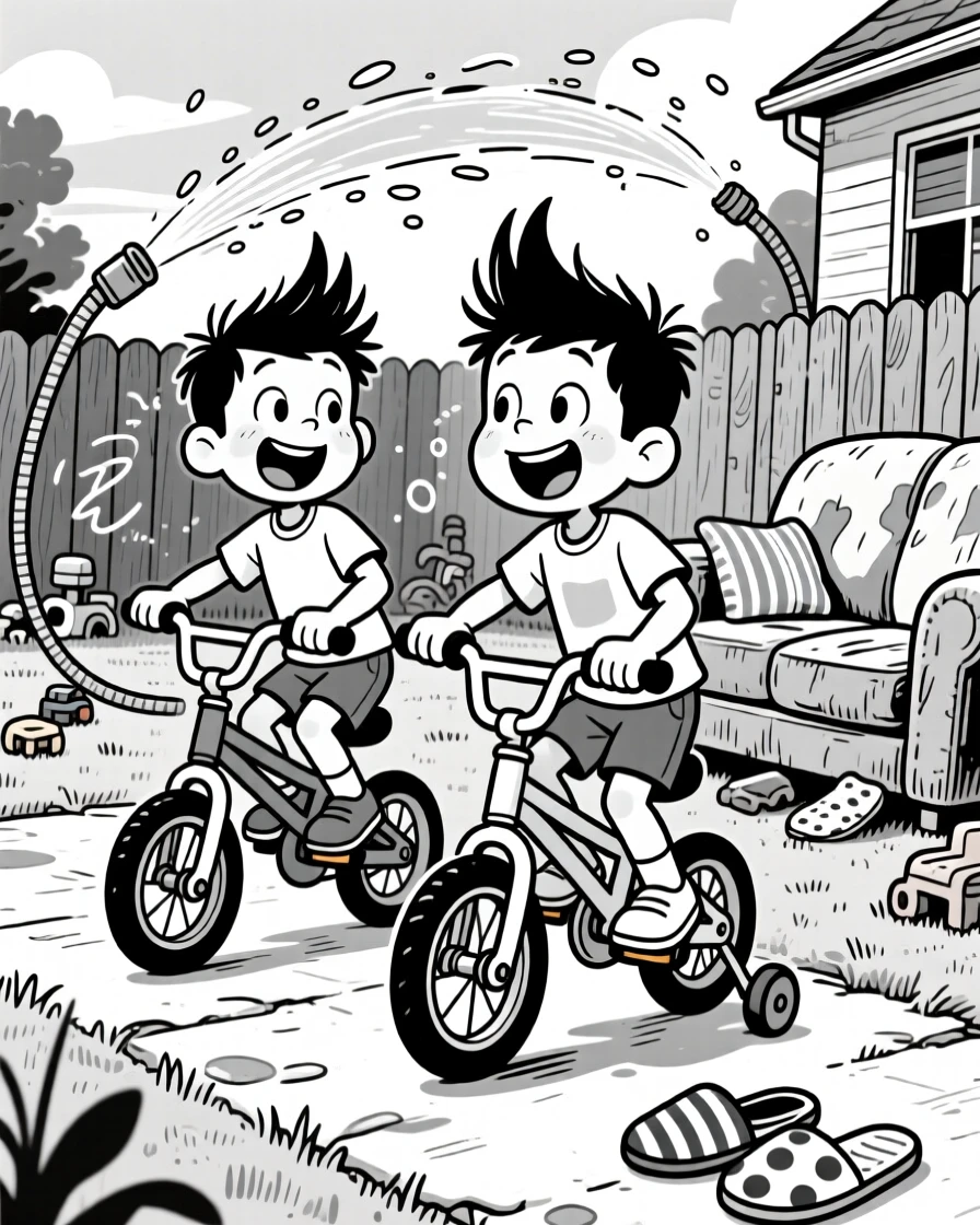 Twin boys with identical cowlicks, wobbling on training wheels for the first time, set in a backyard with a wobbly garden hose sprinkler. Mismatched slippers peek out from under the couch. It feels like a memory worth framing forever.