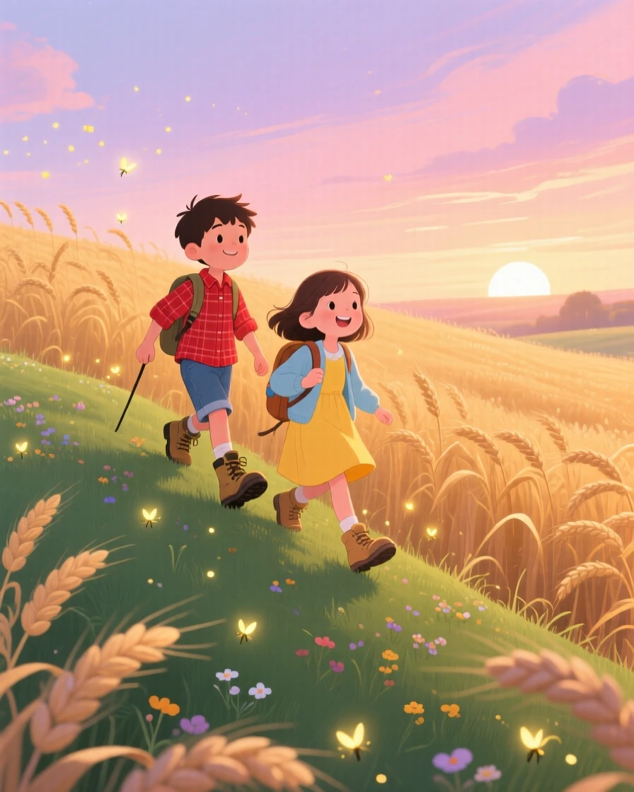 In a golden wheat field, a pair of hiking siblings is climbing to the top of a grassy hill for the view, as fireflies begin to appear at dusk.
