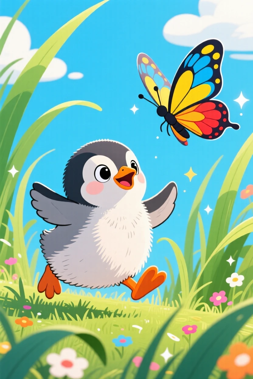 A baby penguin chick chasing a butterfly through tall grass.