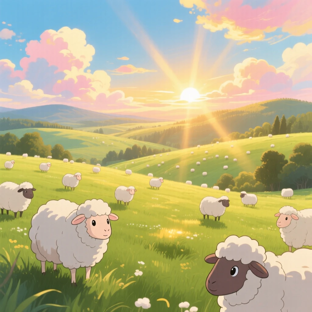 A breathtaking view of a meadow dotted with grazing sheep, with sunlight breaking through scattered clouds in golden shafts, at golden hour, framed with a wide panoramic view.