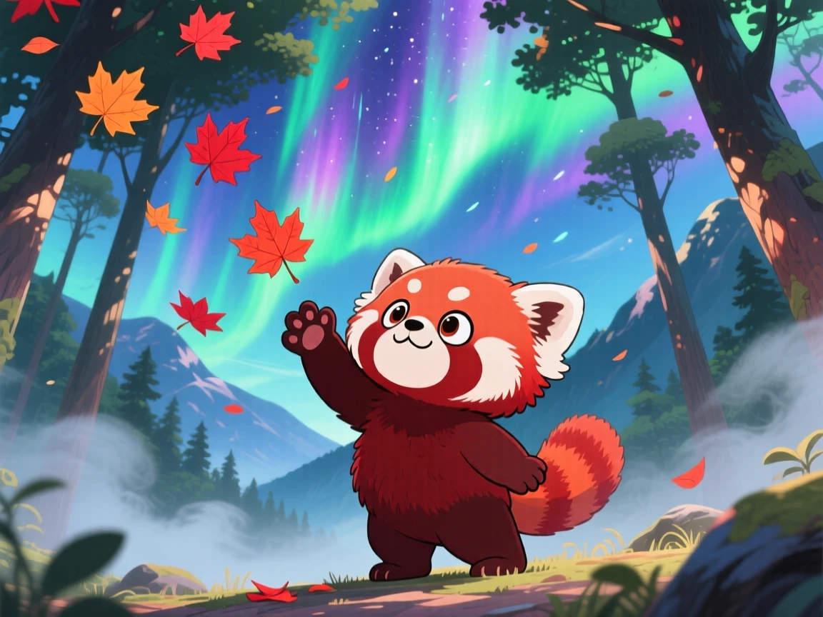 Low-angle shot looking up: a tiny red panda, reaching up to catch falling maple leaves, set against a misty mountain forest beneath swirling aurora-lit skies, with dappled sunlight through a canopy and a mood of proud determination.