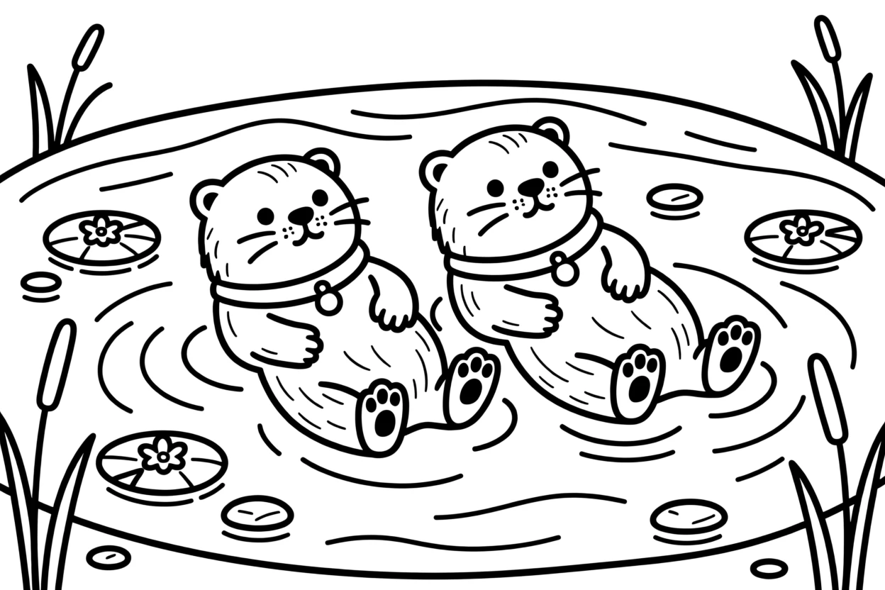 A pair of otters holding paws while floating on their backs