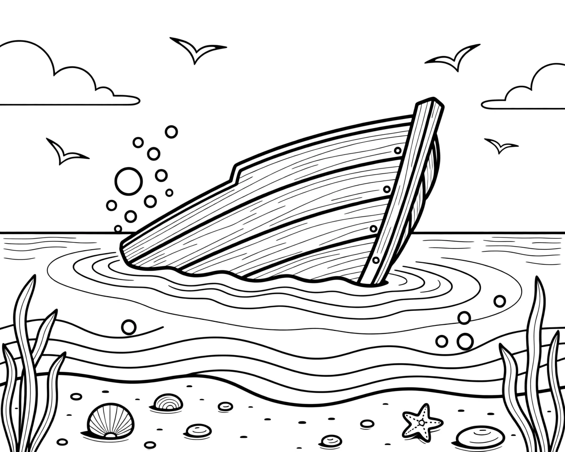 A shipwreck's bow jutting out of shallow water, with bubbles rising toward the surface.