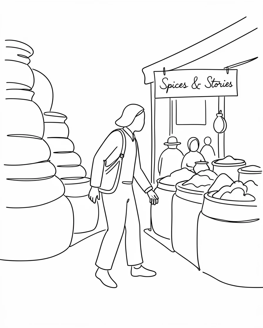 A traveler exploring a bustling spice market in a foreign city