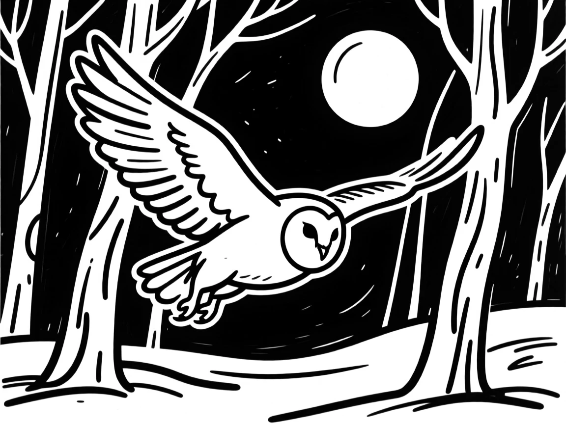 A barn owl swooping silently through a moonlit forest with wings fully spread.
