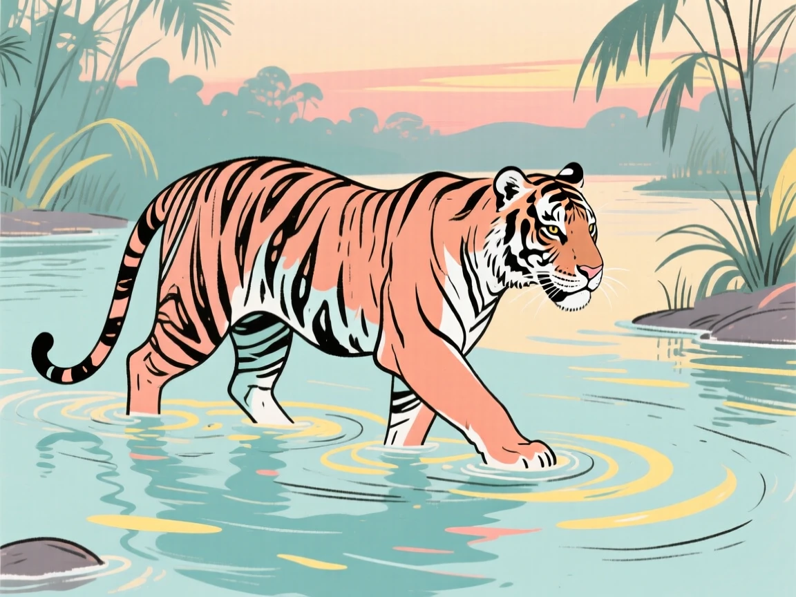 A tiger wading through a shallow jungle river at dusk.