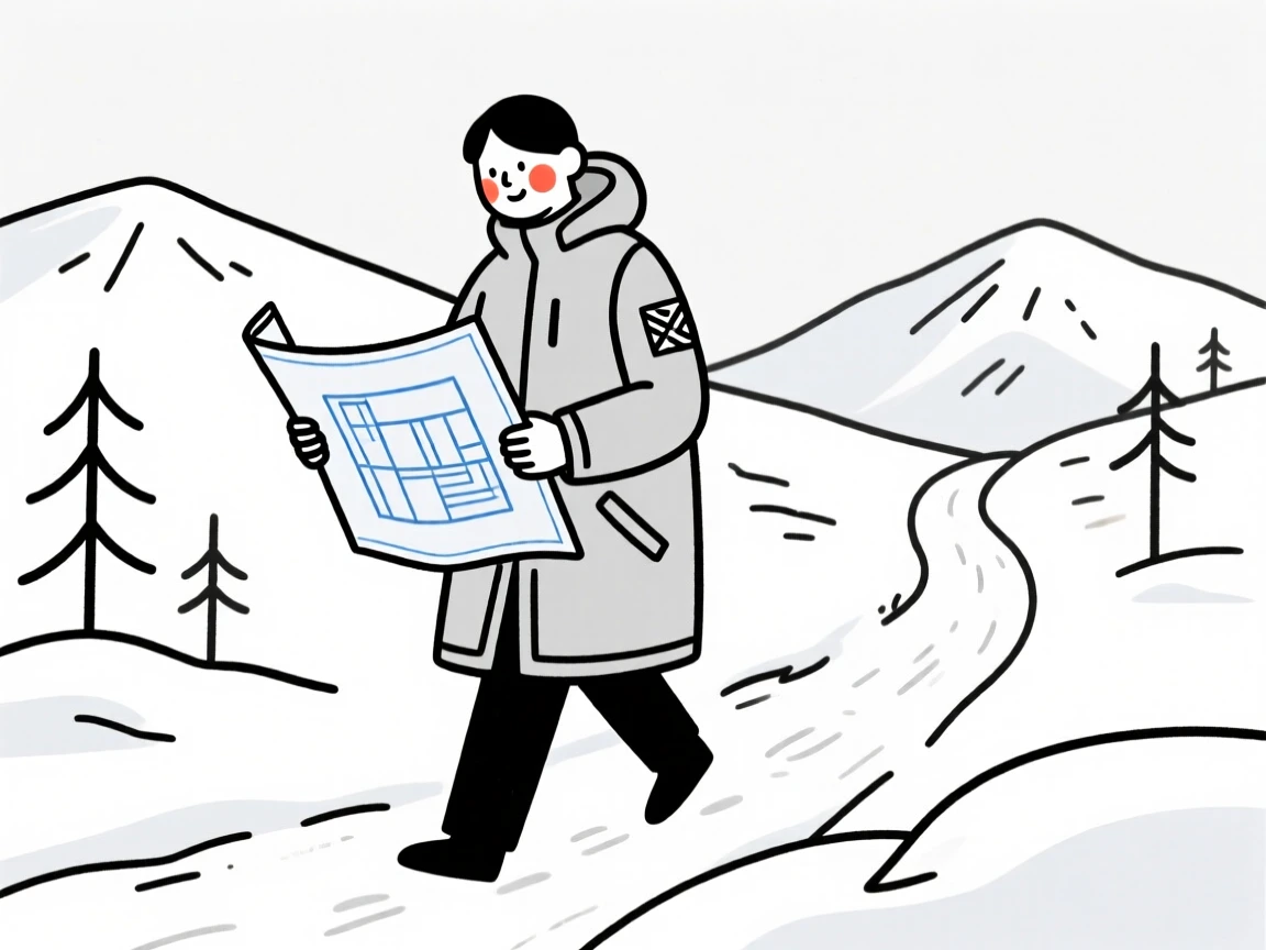 An architect of norwegian heritage reviewing blueprints, exuding gentle warmth, on a snowy mountain trail.