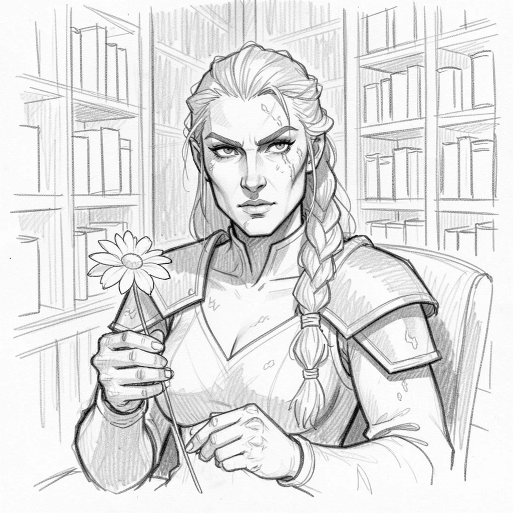 Intimate close-up of a fierce warrior queen in a quiet library nook, holding a single wildflower.