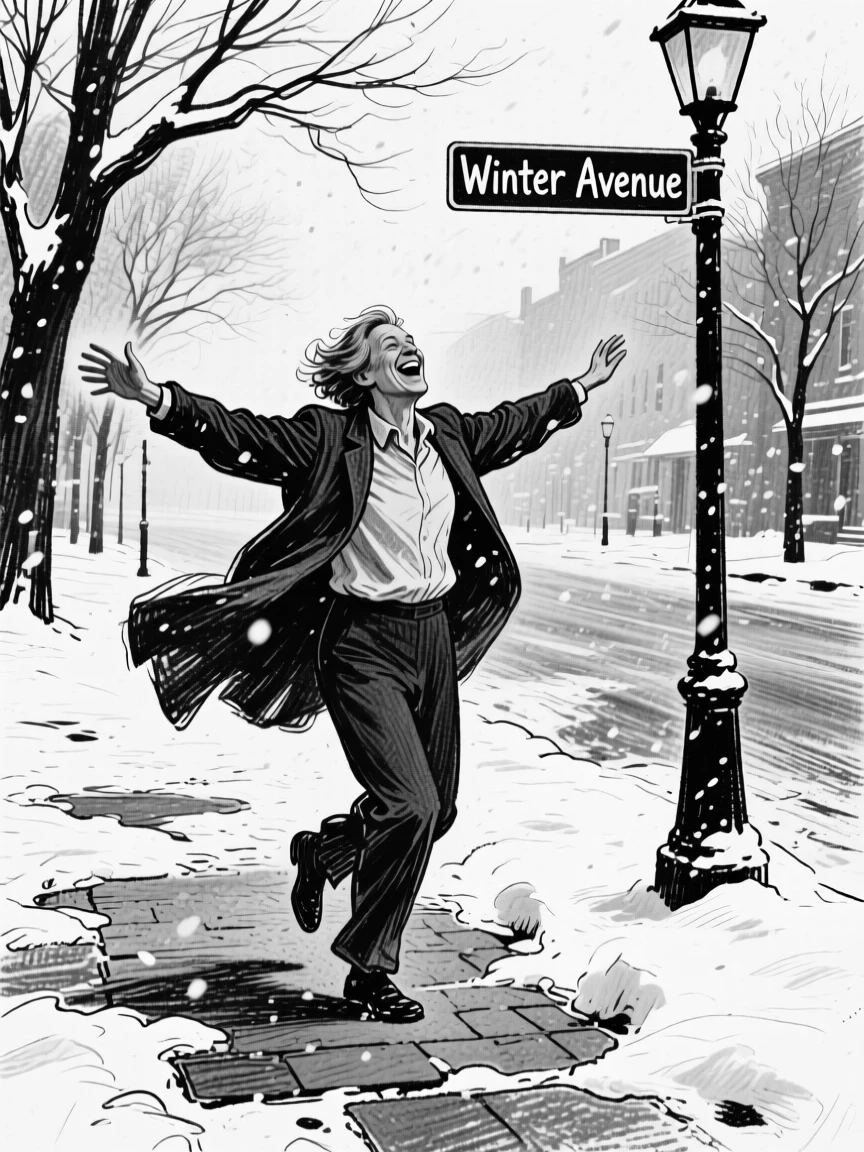 A teacher dancing freely with arms outstretched, on a snowy street.
