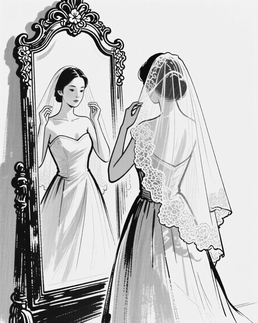 A bride adjusting her veil in front of a mirror, soft light illuminating her calm expression.