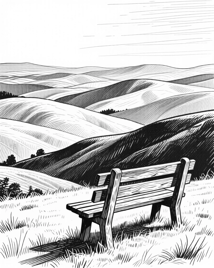 A chain of rolling hills with layers of hills fading into the distance, with a single wooden bench overlooking the view, evoking a quietly majestic atmosphere in a wide, balanced composition.