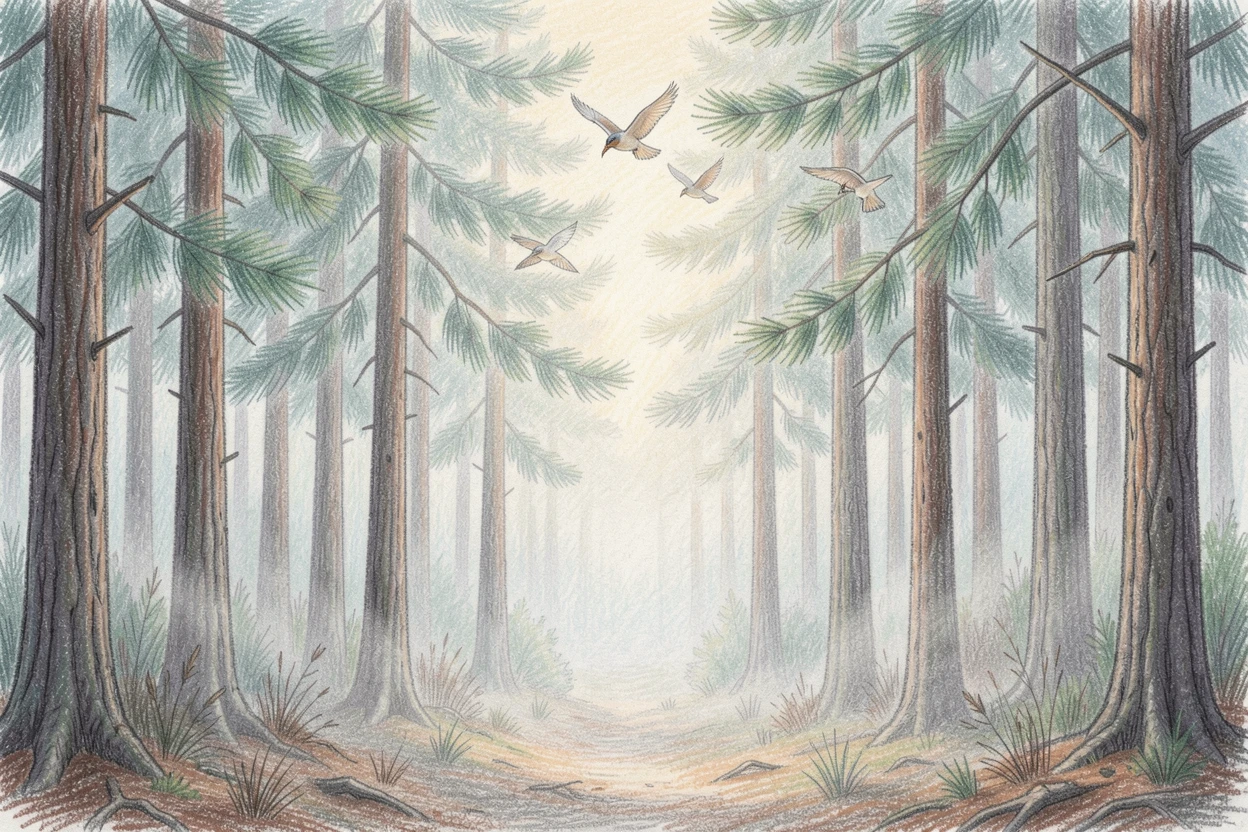 A misty pine forest with soft light breaking through the canopy, as birds glide silently overhead in the fading light, meant to inspire a longing for travel and adventure.