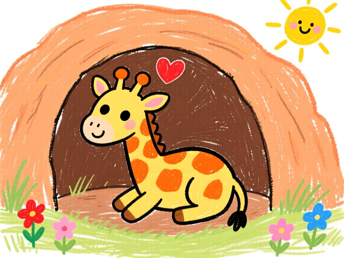 A wobbly baby giraffe snuggled inside a cozy burrow.