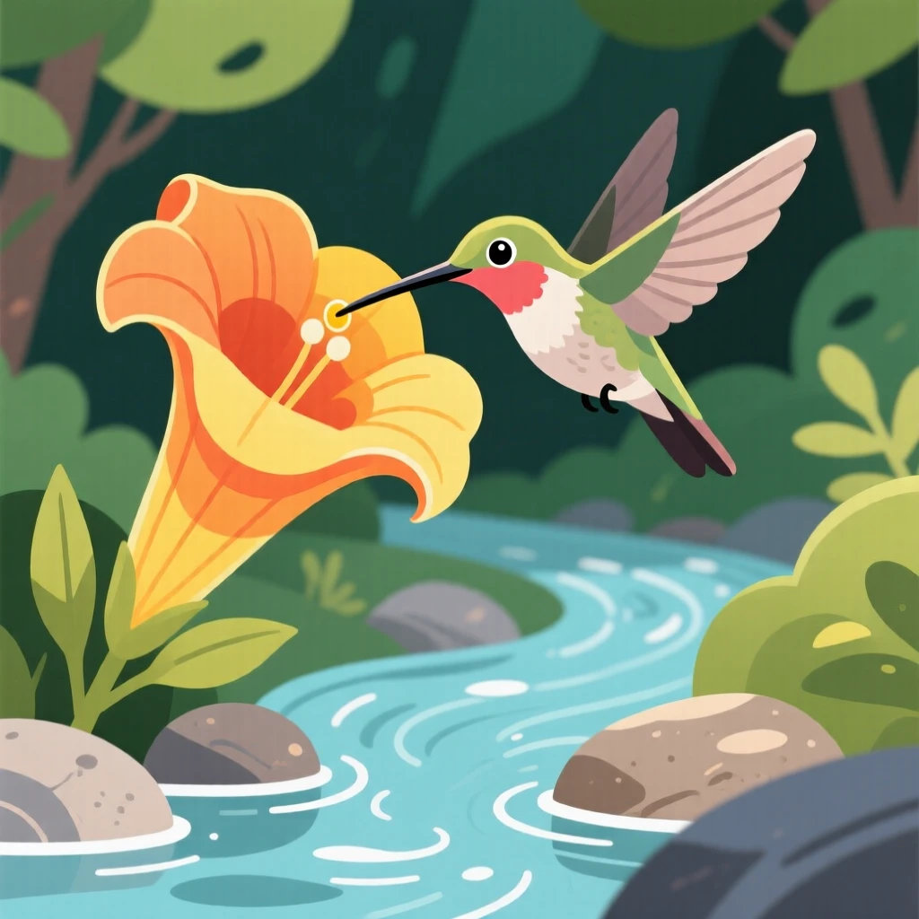 A hummingbird hovering beside a trumpet-shaped flower, positioned beside a babbling woodland stream, grouped together in a playful cluster composition, with a sense of playful curiosity captured perfectly.