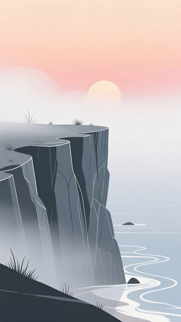 A misty coastal cliff at sunrise with soft light filtering through the morning fog.