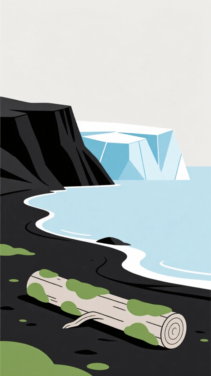 A volcanic island shoreline, quiet and still, cradles a glacier resting beside a fallen log covered in moss, capturing a feeling of serene isolation.