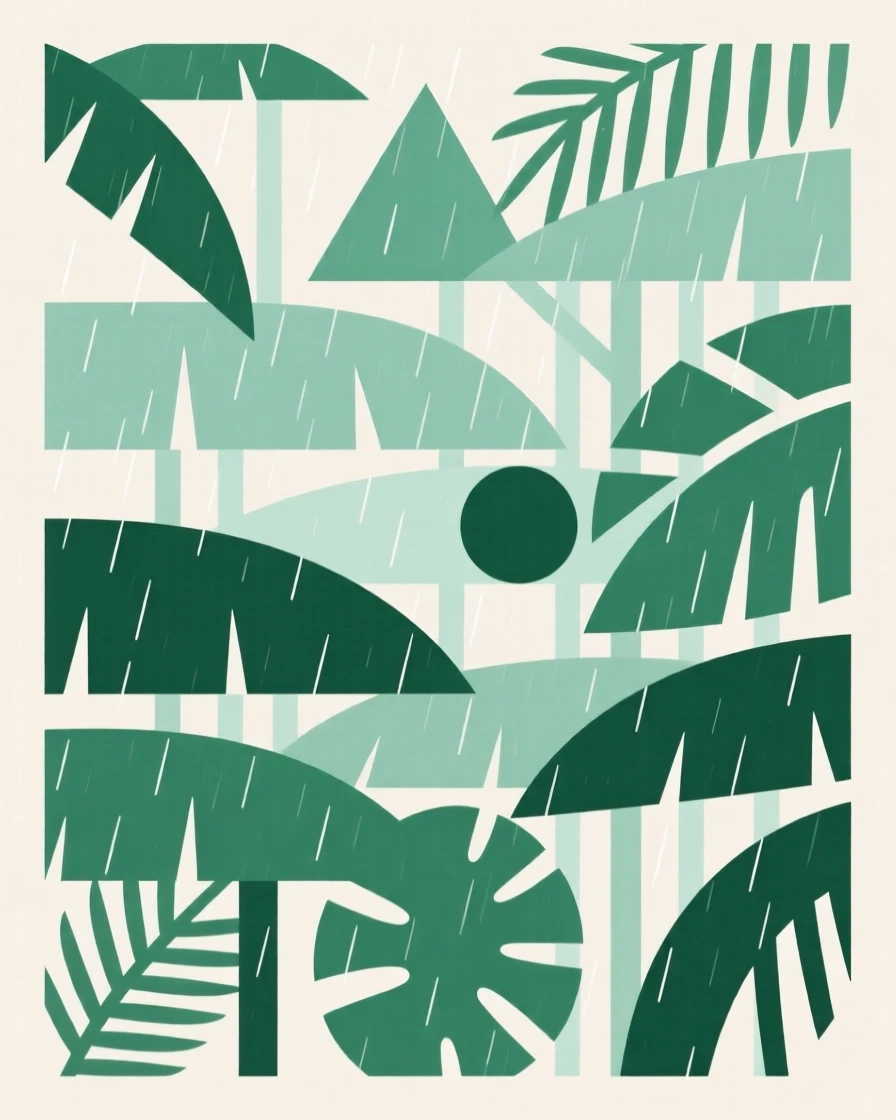 A tropical rainforest canopy with layered foliage