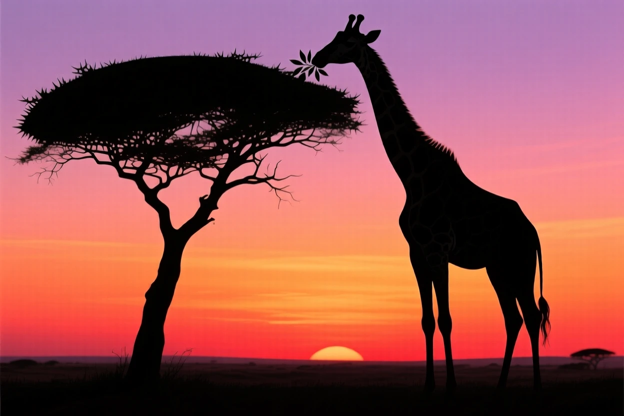 A giraffe reaching up to nibble leaves from the top of a wide acacia tree at sunset.