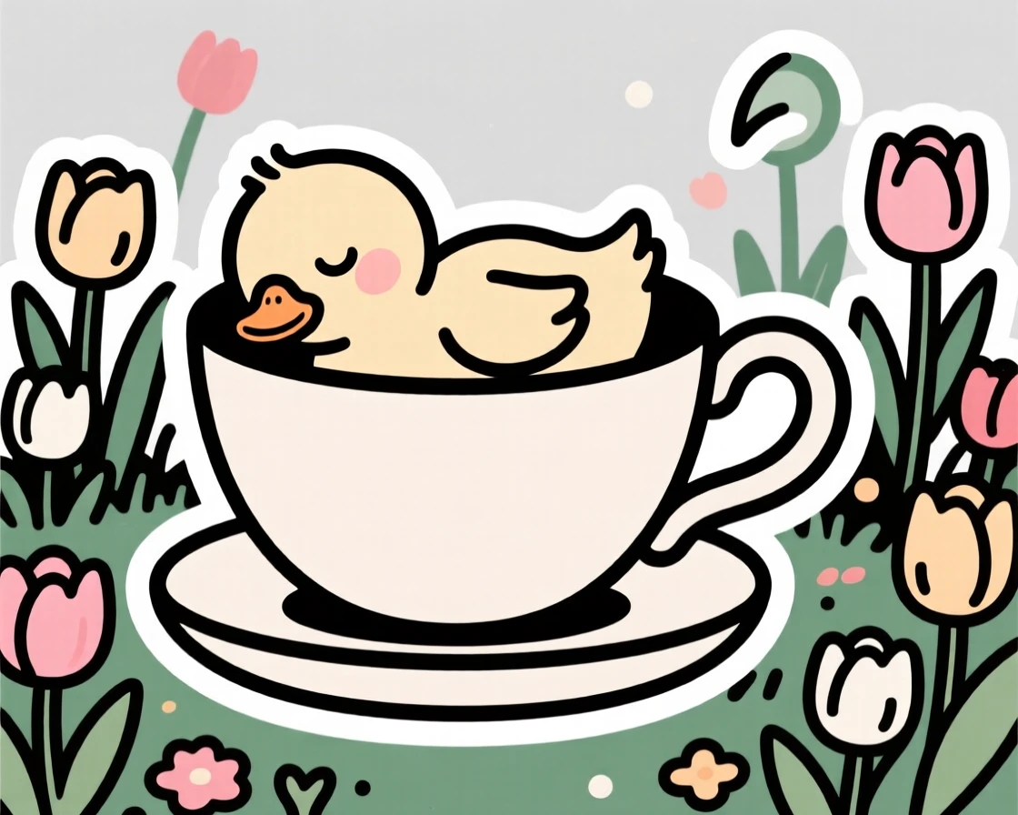 A dreamy wobbly baby duckling napping inside a teacup, in a garden full of blooming tulips.