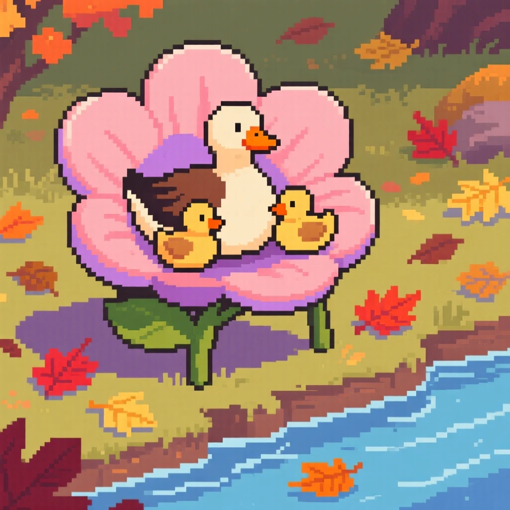 A mother duck and her ducklings sitting inside a flower like a cozy chair, on a riverbank scattered with fallen leaves.