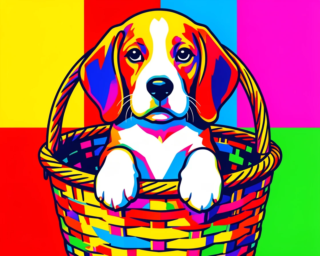 Beagle puppy with floppy ears in a picnic basket