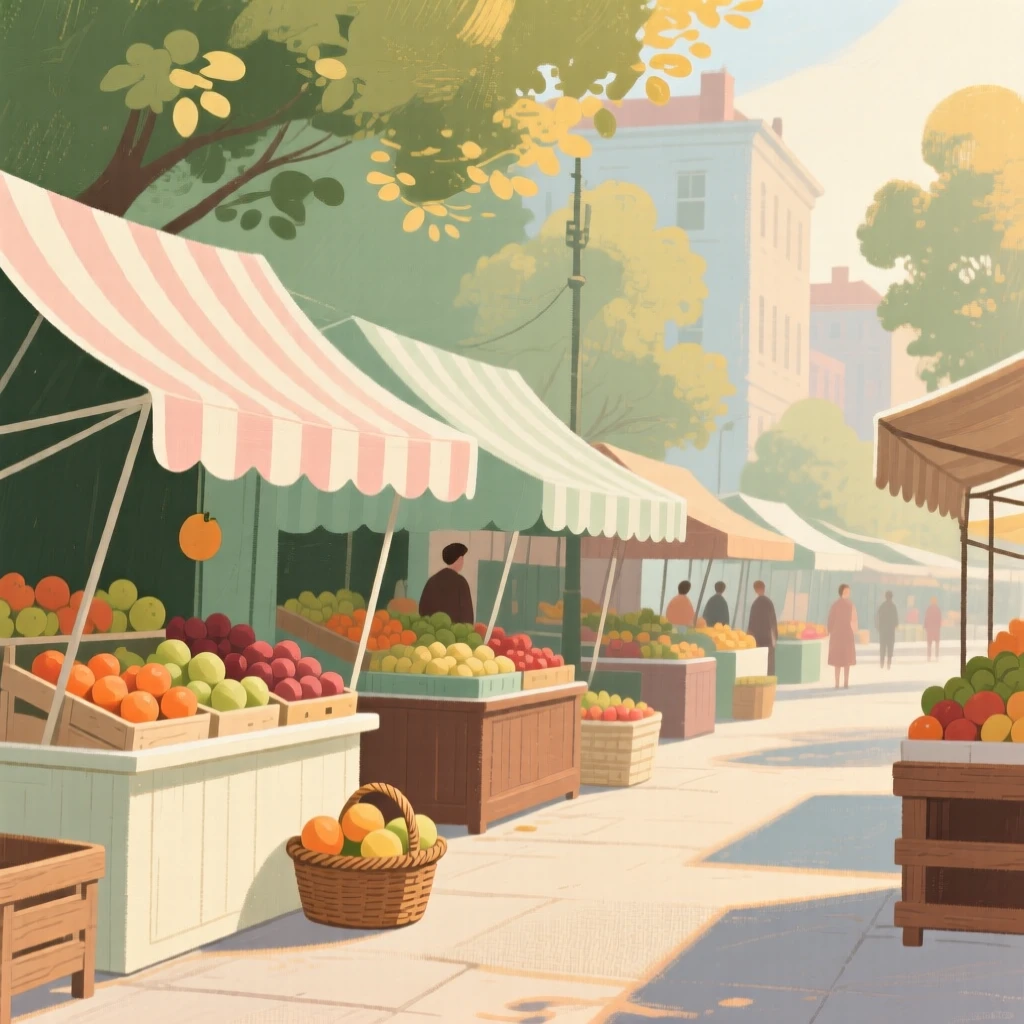 A market street lined with fruit stalls beneath striped canvas awnings