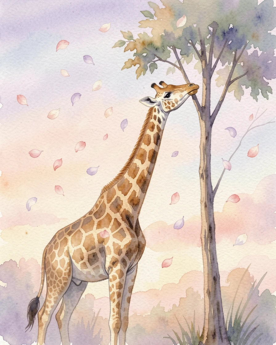 A giraffe reaching for treetop leaves against a soft pastel sky surrounded by falling flower petals.