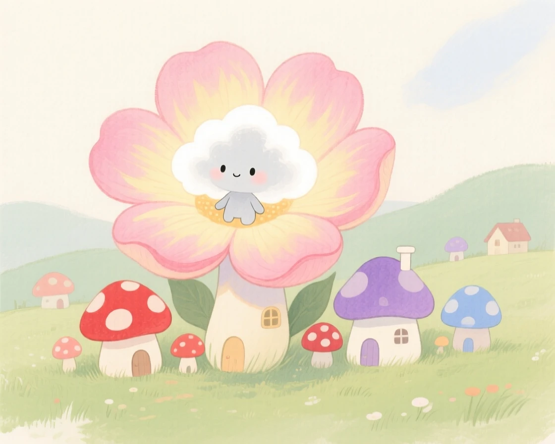 A tiny cloud spirit hides inside a giant blooming flower in a village of tiny mushroom houses, surrounded by softly glowing petals