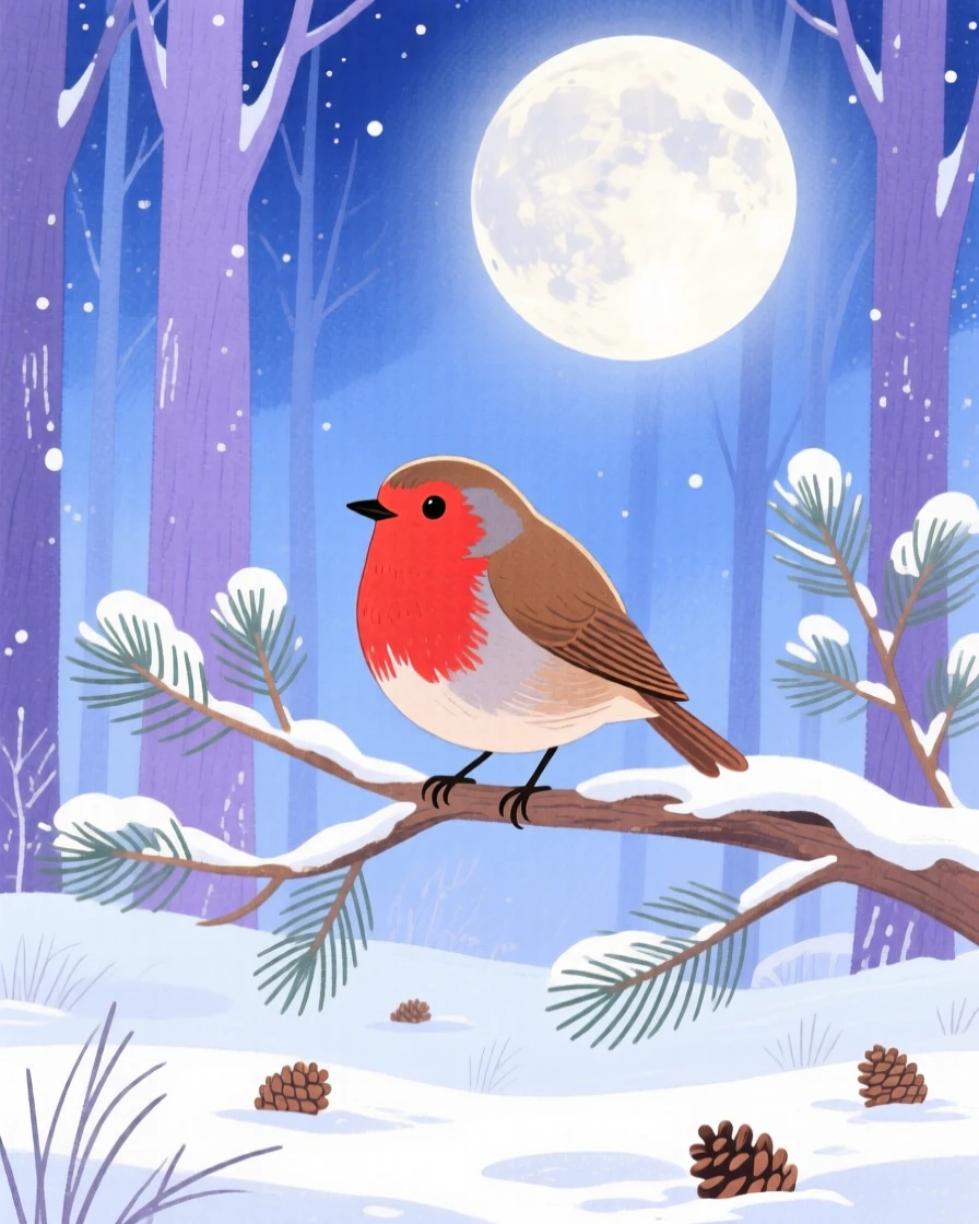 A chirping robin resting peacefully in a frosty winter forest under a full moon.