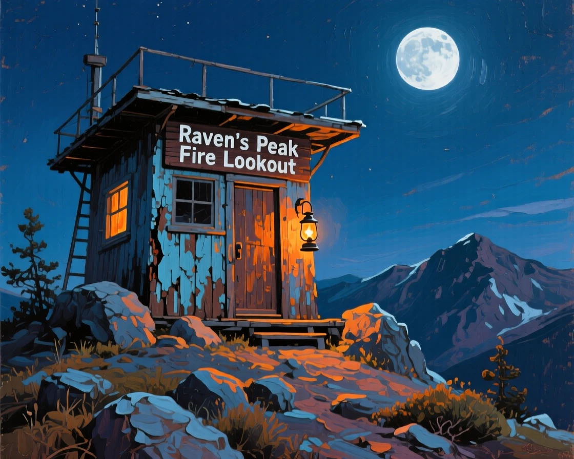 a weathered fire lookout on a remote summit, beneath a moonlit sky, from an inviting eye-level viewpoint.